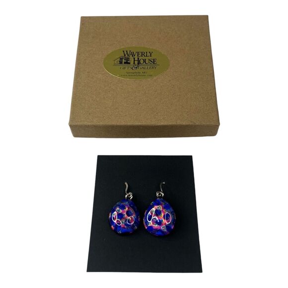 Dangle Drop Earrings Handmade Fused Glass Iridescent Blue Purple Pink New In Box - Picture 3 of 8